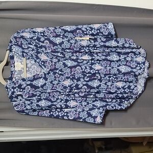 NWT St John's Bay Button Down Pleated Blouse Navy Paisley Lightweight Size S
